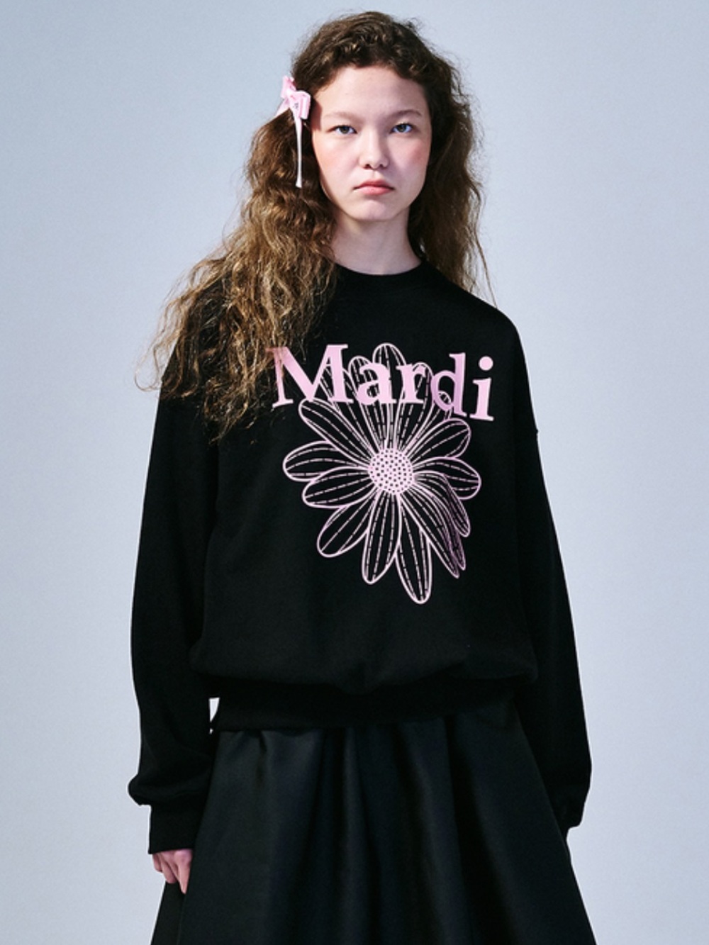 Mardi Mercredi Black w Pink Flower Cotton Long Sleeve Crewneck Sweatshirt Top OS